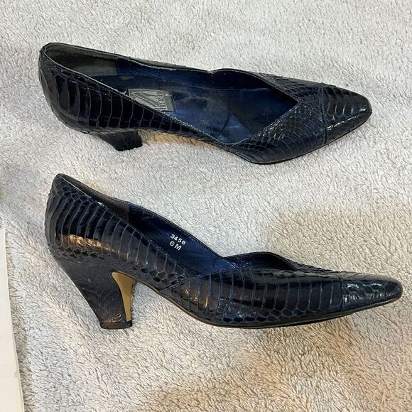 Vtg J Renee Womens Navy Blue Pump Heels 6M Snakeskin Stiletto Pointed Toe 90s - Picture 10 of 14